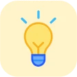Illustration of a glowing light bulb with blue base and light rays on a pale yellow background.