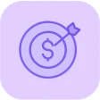 Purple dollar sign inside a target with an arrow hitting the center on a rounded square background.
