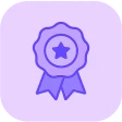 Purple ribbon award icon with a star in the center on a light purple background.