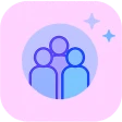 Icon of three people grouped together inside a blue circle with a purple background and stars.