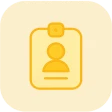 Yellow line art icon of an employee badge with a person symbol and horizontal lines inside.
