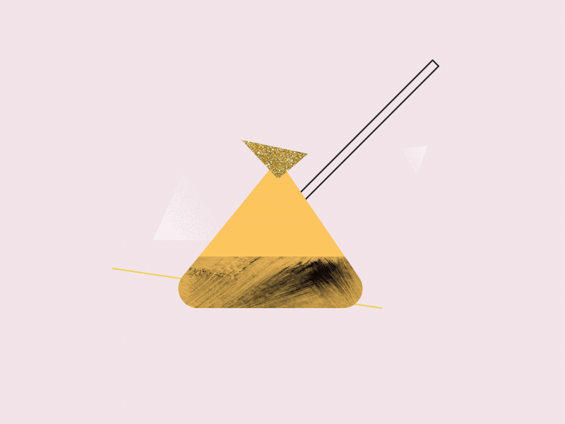 Animated abstract triangular container with gold texture, a straw inserted, and sparkly gold triangle on top against a light pink background.