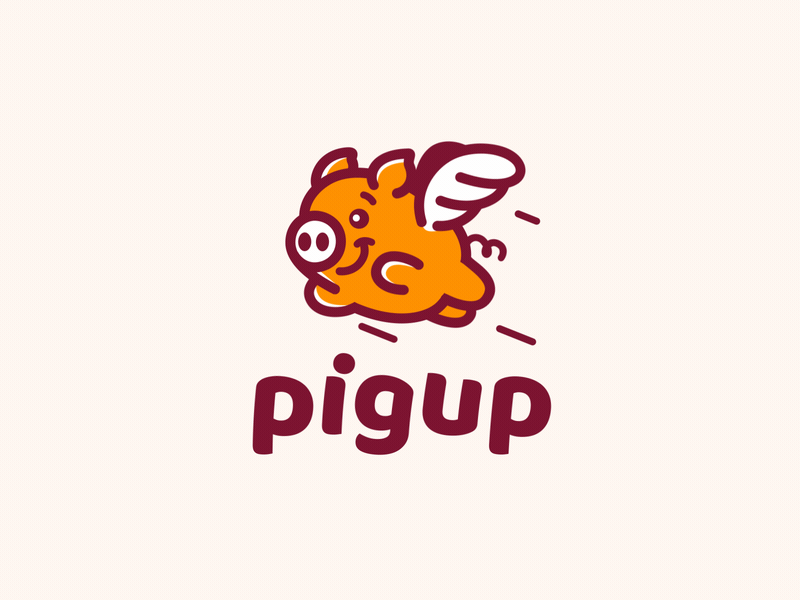 Cartoon orange pig with white wings flying above the word 'pigup' in bold maroon letters.