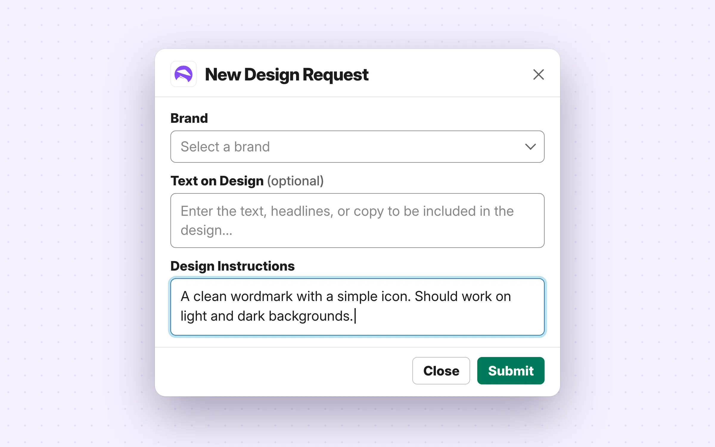 Design Shifu brief modal open in Slack after typing /create-request