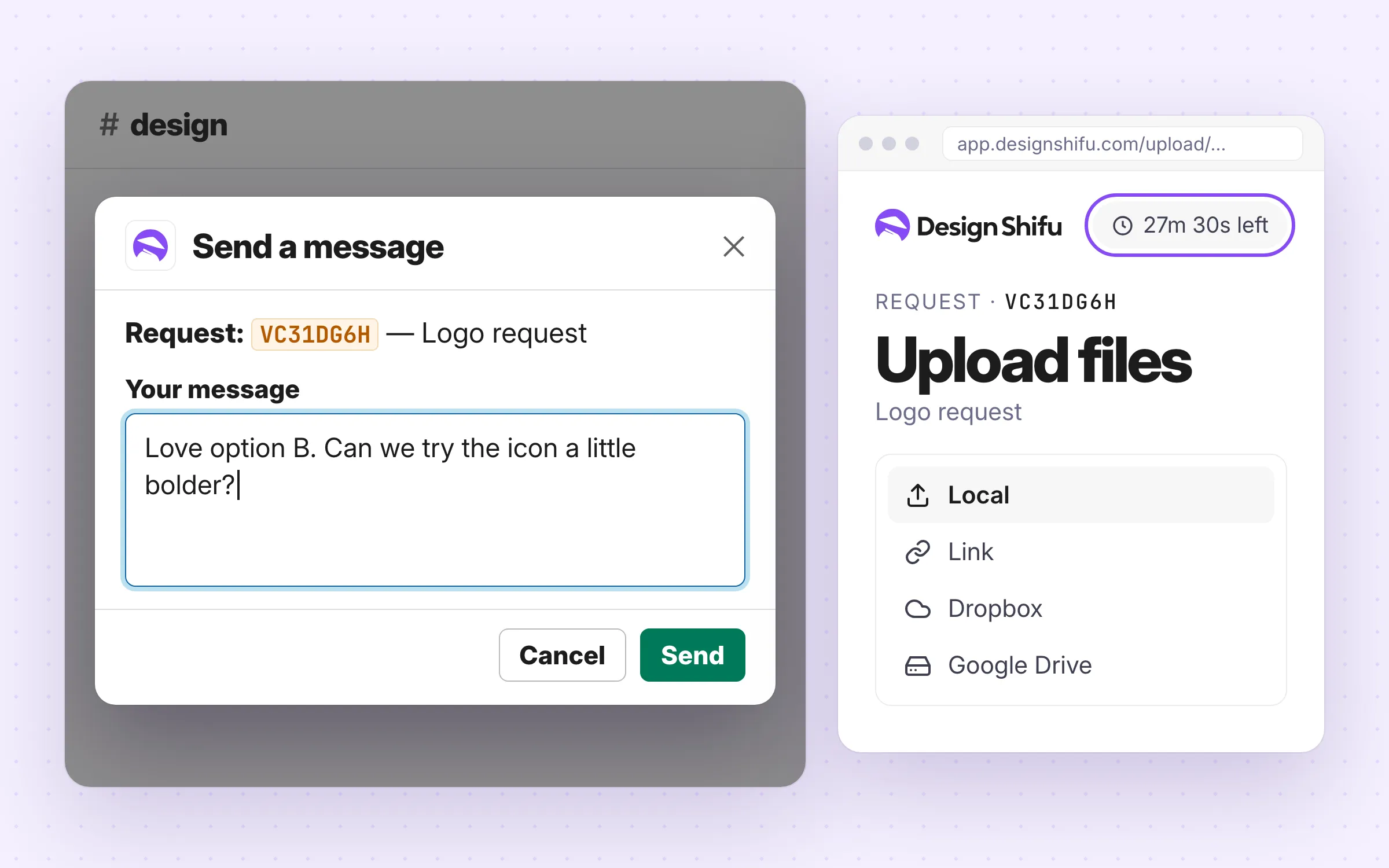Design Shifu reply modal and secure upload link in Slack