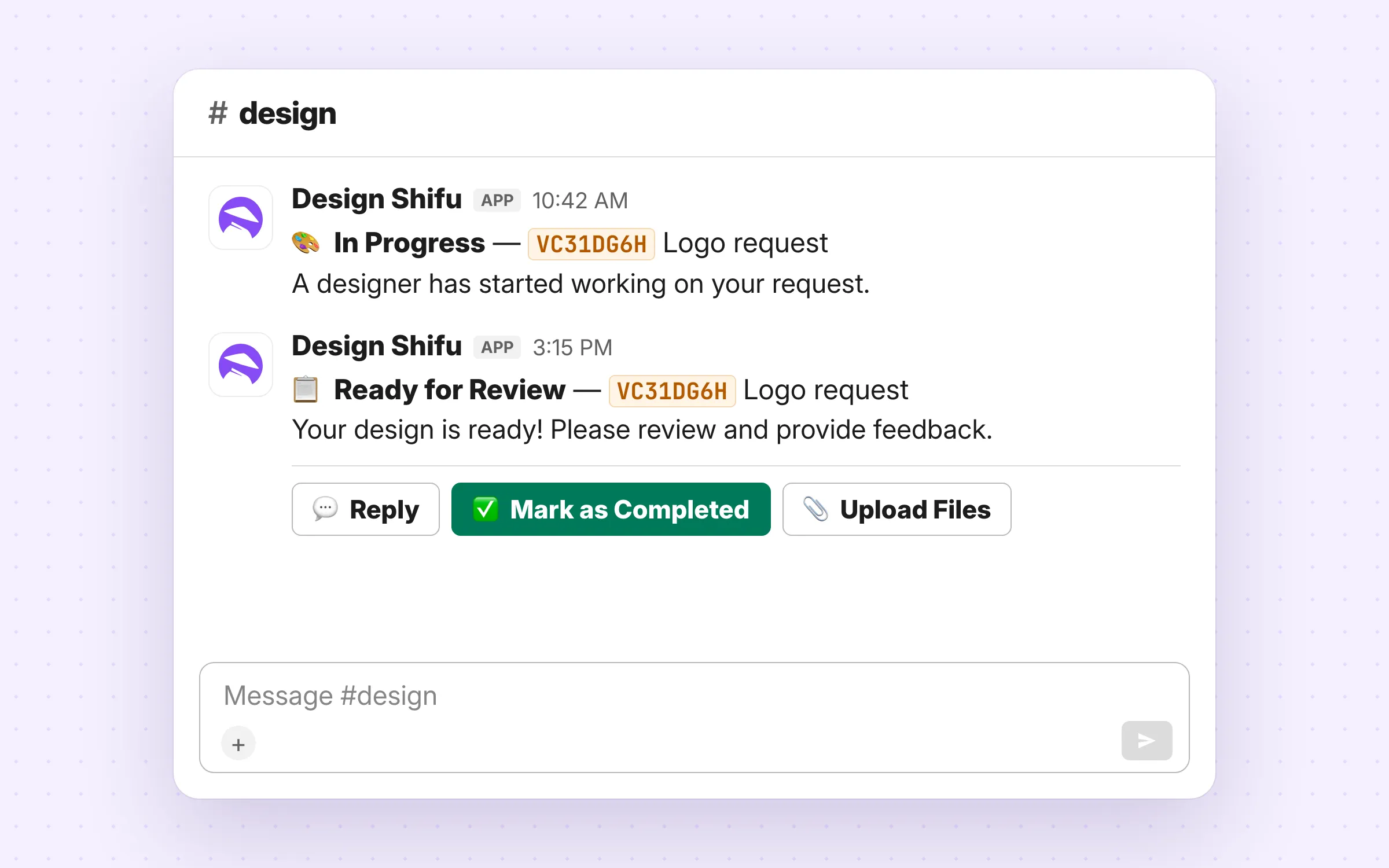 Design Shifu status notification posted to a Slack channel