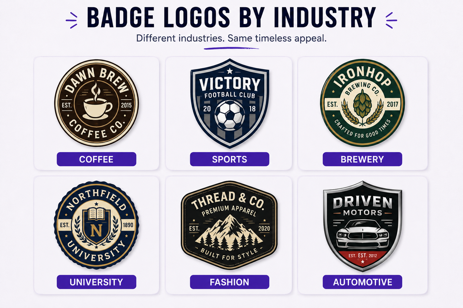 badge logo design examples across coffee brewery sports automotive fashion and education industries