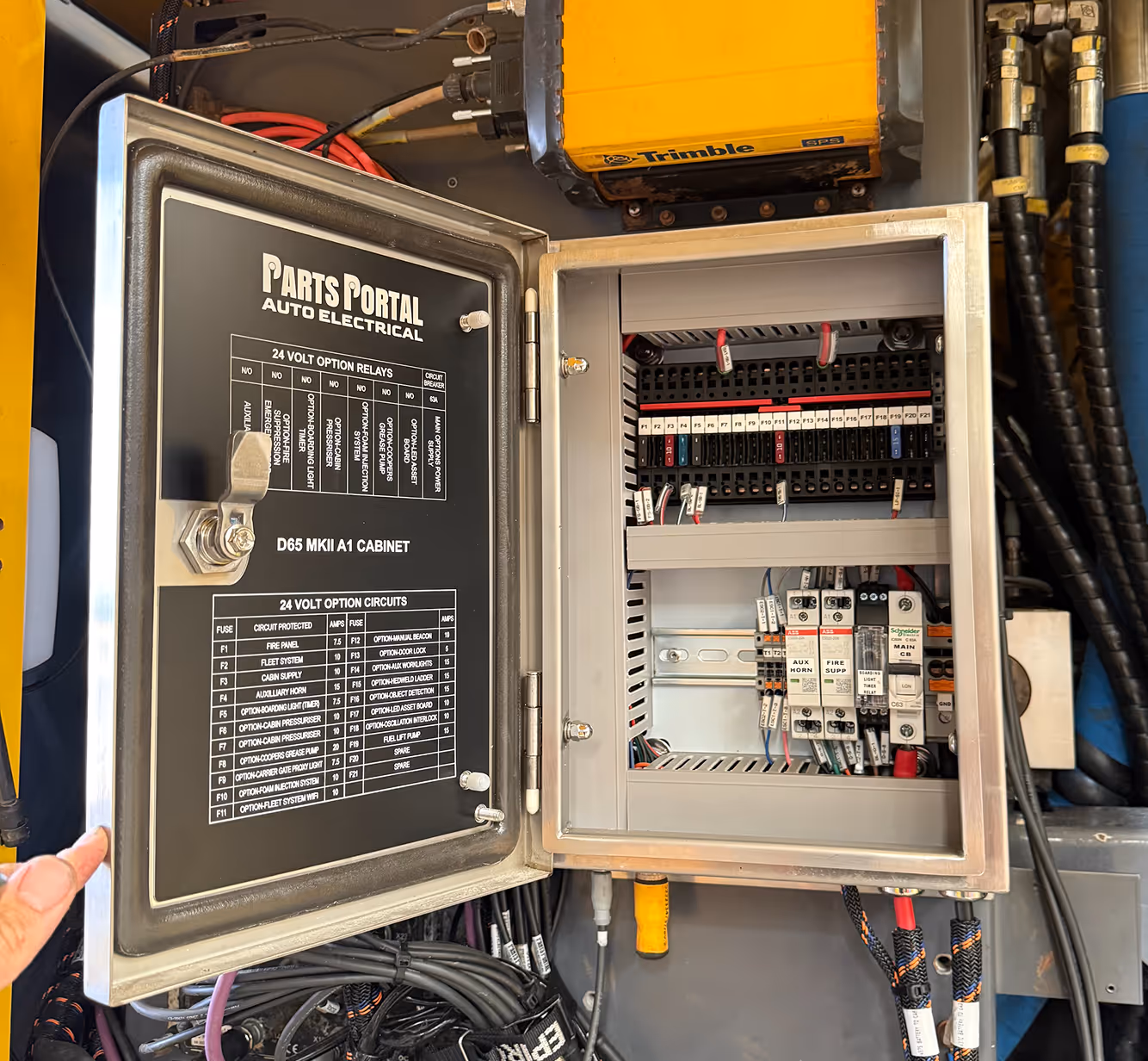CAT industrial electrical panel open - mining equipment control system with circuit breakers and power distribution