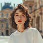 Young woman with short brown hair wearing a white top, standing outdoors in front of historic buildings.