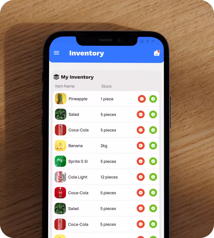 Smartphone screen showing an inventory app listing items like pineapple, salad, Coca-Cola, banana, and Sprite with their stock quantities and options to delete or confirm each.