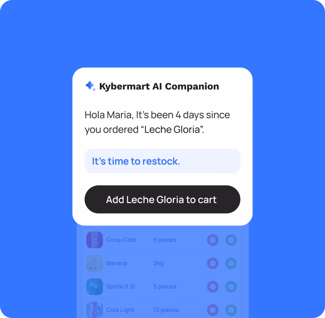 Notification from Kybermart AI Companion telling Maria it has been 4 days since she ordered Leche Gloria and prompting to restock with a button to add it to the cart.