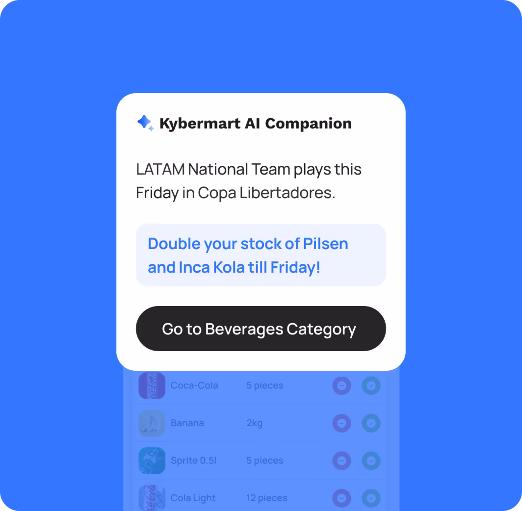 Kybermart AI Companion notification about LATAM National Team playing on Friday with an offer to double stock of Pilsen and Inca Kola till Friday and a button to go to the Beverages Category.