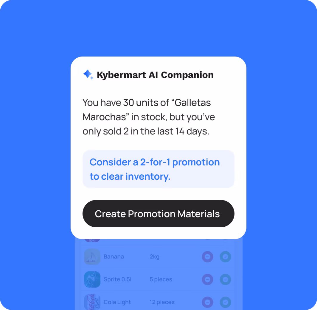 Kybermart AI Companion notification recommending a 2-for-1 promotion to clear inventory of 30 units of Galletas Marochas with low sales in the last 14 days, with a button to create promotion materials.