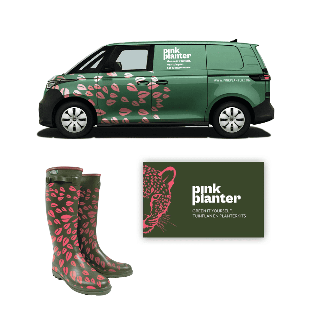 Green delivery van and matching rubber boots with pink leaf patterns, alongside a dark green business card featuring a pink leopard illustration and 'pink planter' branding.