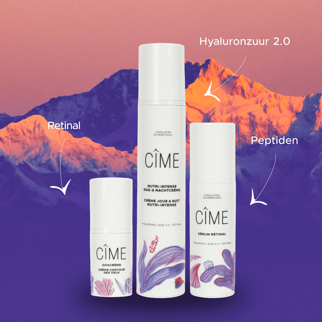 Three Cîme skincare product bottles labeled for eye cream with retinal, day and night cream with hyaluronic acid 2.0, and retinal serum with peptides, set against a purple and pink mountain backdrop.