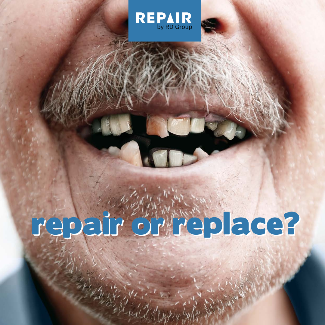 Close-up of an elderly man's mouth with missing and damaged teeth, showing a mustache and stubble, with text 'repair or replace?'