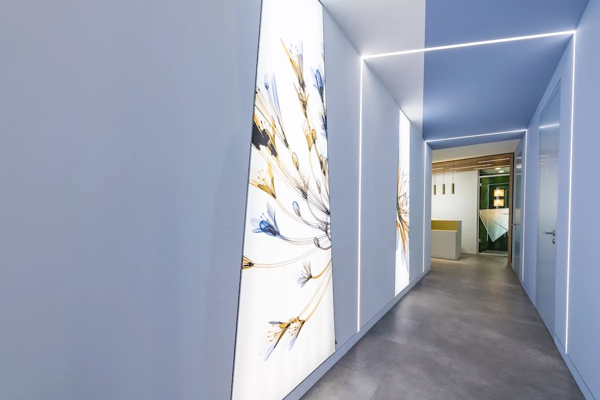 Moderner Flur mit weißen Wänden, beleuchteten abstrakten Blumendrucken und LED-Lichtleisten entlang der Decke und Wände.