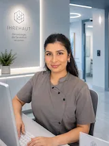 Medizinische Fachangestellte Denise Przybytko am Empfang von IhreHaut in Landsberg am Lech.