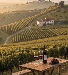 Wine bottle and two glasses on a wooden table overlooking a vineyard with rolling hills and a farmhouse.
