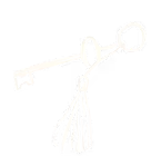 White sketch illustration of a vintage key with multiple keychain rings on a black background.