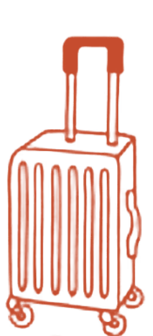 Red line drawing of a suitcase with an extended handle and four wheels.