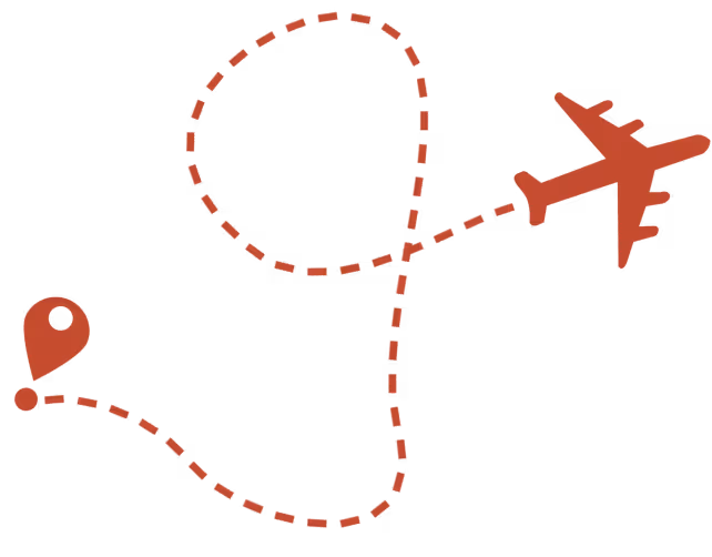 Red airplane icon with a dashed flight path looping in the shape of a heart ending at a location pin.