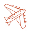 Red hand-drawn style airplane icon with simple lines and wings.