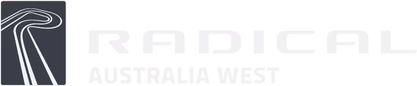 Radical Australia West logo featuring a stylized racetrack with curved lanes inside a rounded rectangle.