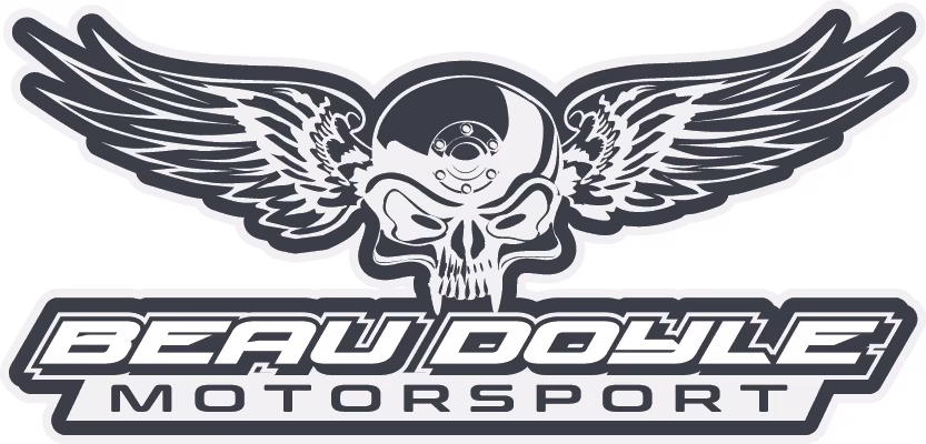 Speedway Logo with a winged skull above the text 'Beau Doyle Motorsport' in bold stylized letters.