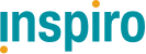 Logo met het woord 'inspiro' in blauw met een oranje punt boven de i.