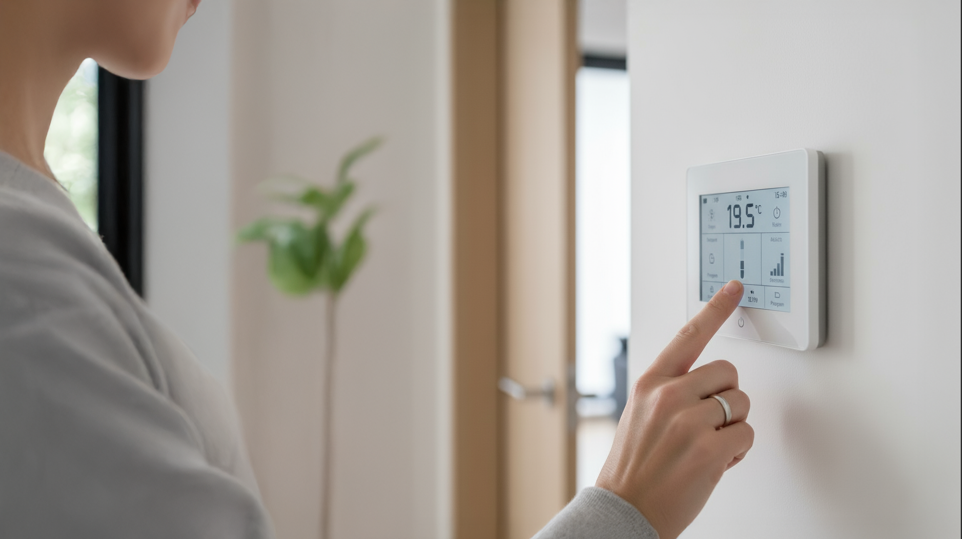 Persoon die de temperatuur instelt op een digitale thermostaat aan de muur, ingesteld op 19,5 graden Celsius.