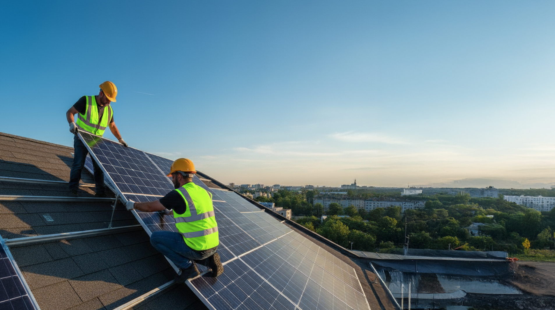 Twee bouwvakkers met gele helmen en reflecterende veiligheidsvesten die zonnepanelen op een dak installeren bij helder weer.
