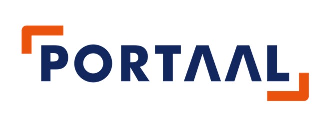 Portaal bedrijfslogo met blauwe letters en oranje hoeken.