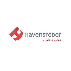 Havensteder logo met rood symbool en tekst 'sterk in wonen'.