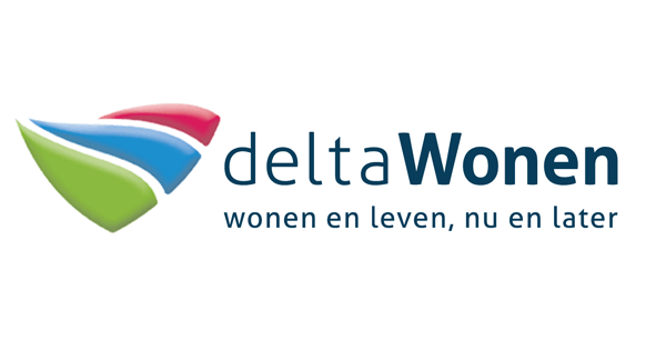 Logo van deltaWonen met de slogan 'wonen en leven, nu en later'.