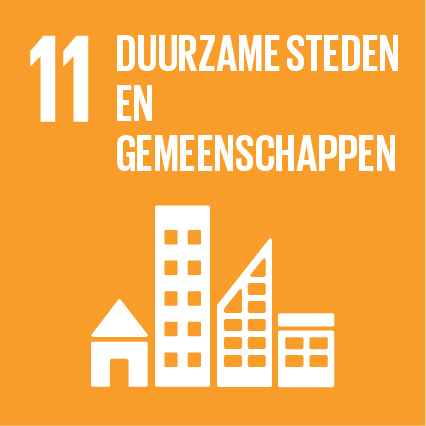 Symbool van duurzame steden en gemeenschappen met witte gebouwen op een oranje achtergrond en de tekst '11 Duurzame steden en gemeenschappen'.