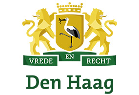 Wapen van Den Haag met een zwaan in een schild tussen twee leeuwen en het motto 'Vrede en Recht'.