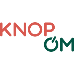 Tekstlogo met de woorden 'KNOP' in rood en 'OM' in groen met een cirkel en pijl.