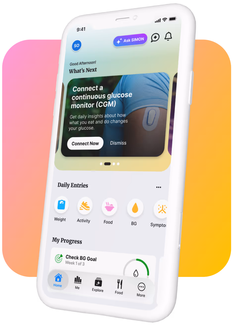 Smartphone screen showing a diabetes management app with a prompt to connect a continuous glucose monitor, daily entry icons for weight, activity, food, blood glucose, and symptoms, and a progress check for blood glucose goals.