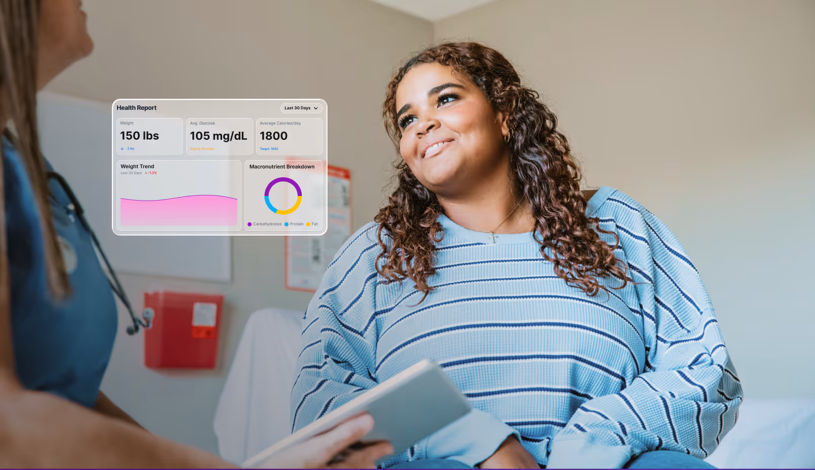 Smiling woman in a blue striped sweater talking to a healthcare professional with a health report graphic overlay showing weight, glucose, calories, and macronutrient breakdown.