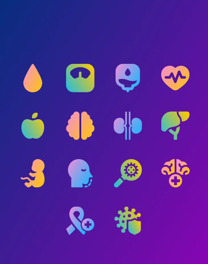 Icon grid of therapeutic areas Welldoc supports on one platform: cardiometabolic, weight, insulin, heart, brain health, kidney, liver, maternal, oncology and immunology