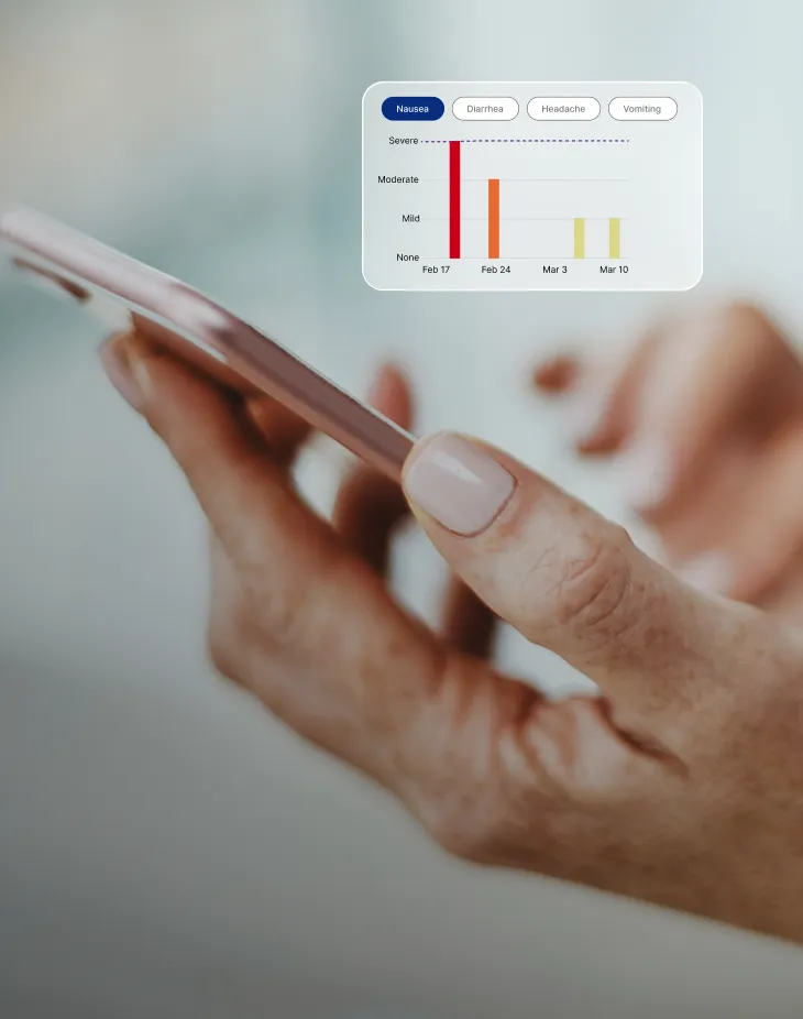 Patient using a Welldoc-powered companion app to log medication side effects week by week during therapy titration