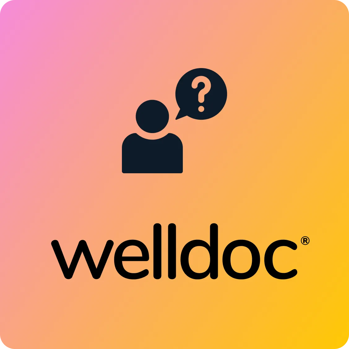 Welldoc question-mark icon marking frequently asked questions about the platform for health systems and ACOs