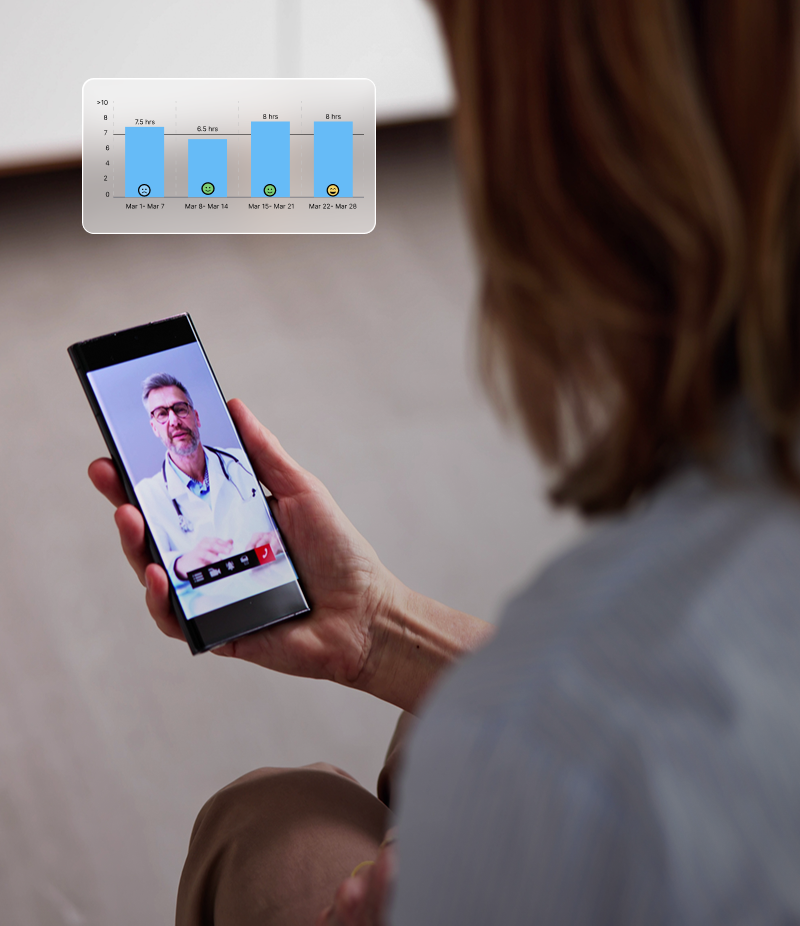 Patient on a telehealth video visit on her phone beside a weekly sleep-hours chart from Welldoc's patient engagement app