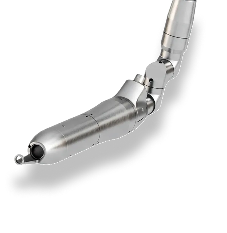 Close-up of a sleek, metallic robotic arm with flexible joints isolated on a white background.