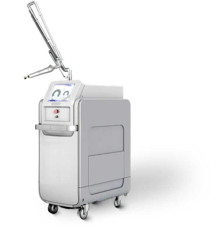 Modern medical laser device with touchscreen interface and adjustable arm on four caster wheels.