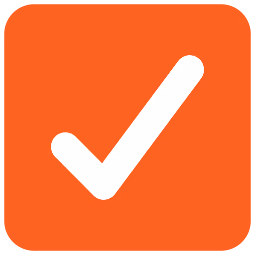 White check mark on an orange rounded square background.