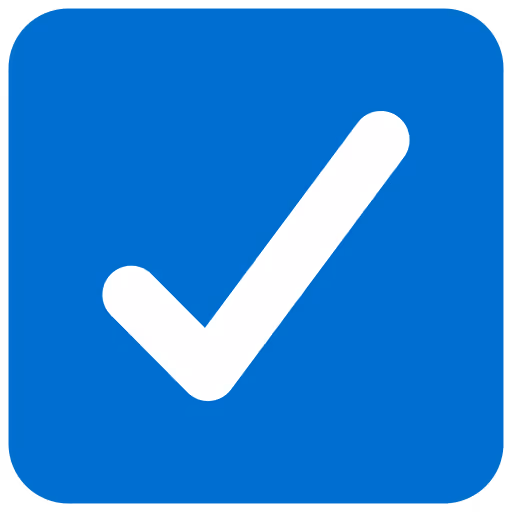 White check mark on a blue square background with rounded corners.
