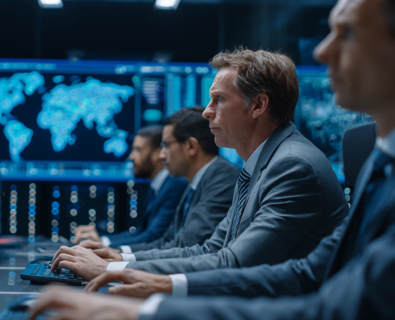 Business professionals in suits working on computers with digital world maps and data screens in the background.