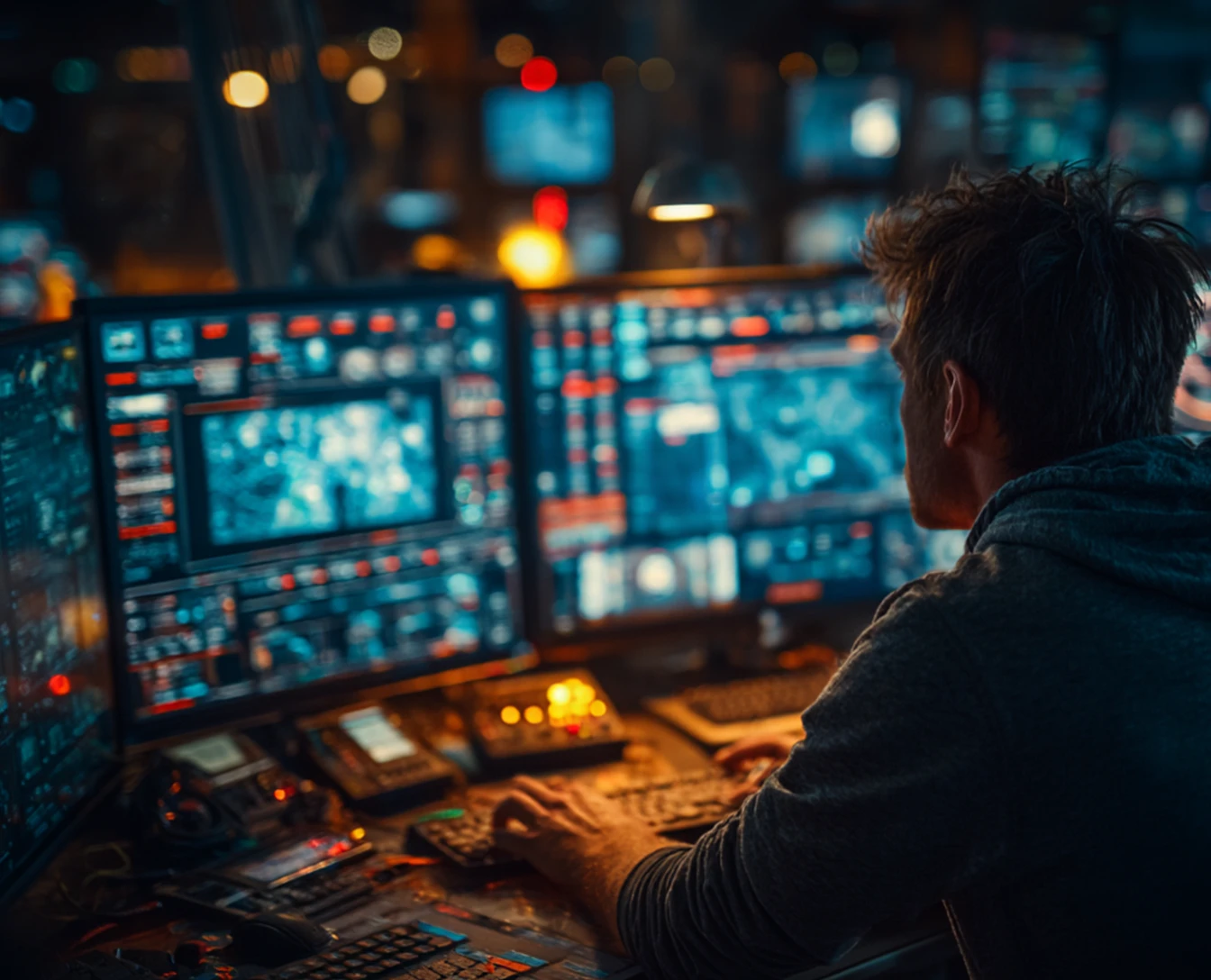 Person working at a desk with multiple computer monitors displaying data and graphics in a dimly lit room.